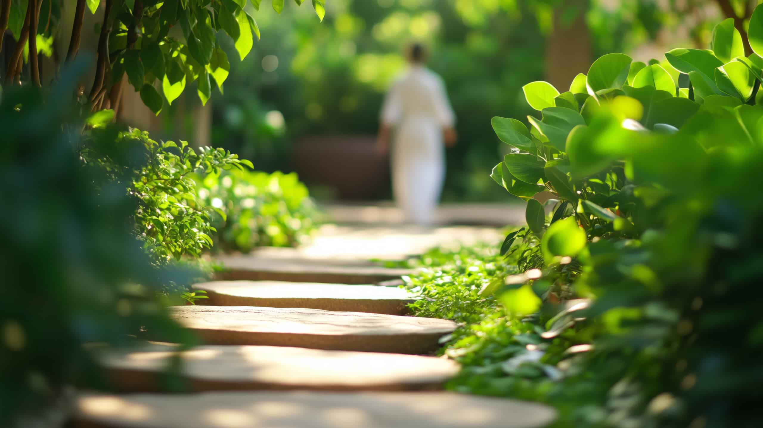 Person übt QiGong in einem ruhigen Garten als Teil der ganzheitlichen TCM-Behandlung