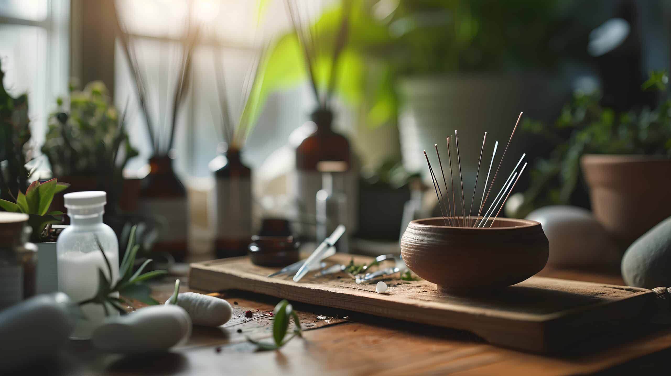 Verschiedene Akupunkturnadeln auf einem Ständer für die Traditionelle Chinesische Medizin